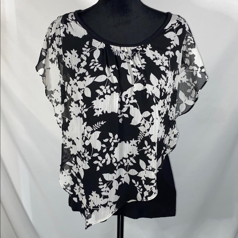 AB Studio Black White Floral Layered Chiffon Overlay Blouse Top Medium